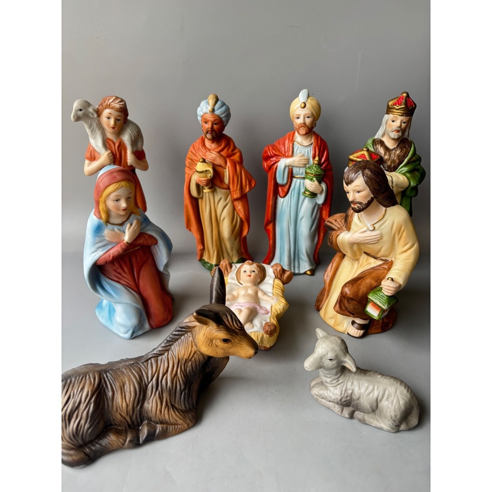 Vtg Homco 9 Piece Porcelain Nativity Set Hand Painted Christmas Figurines Taiwan